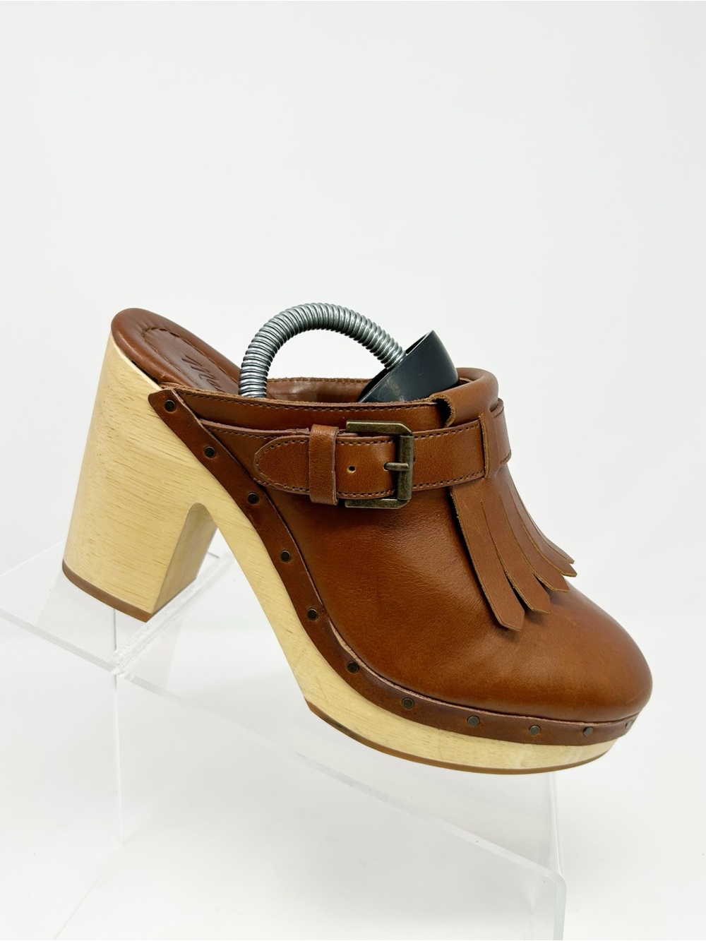 Madewell Womens Brown Platform Clog Mule Block Heel Buckle Fringe Studded 7.5